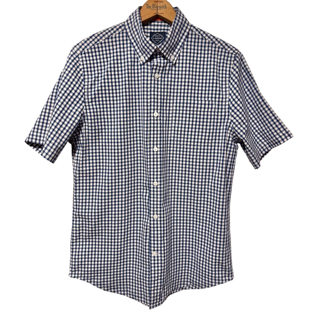 St John's Bay Button Down Shirt Mens S Navy Blue White Gingham Excellent Stretch